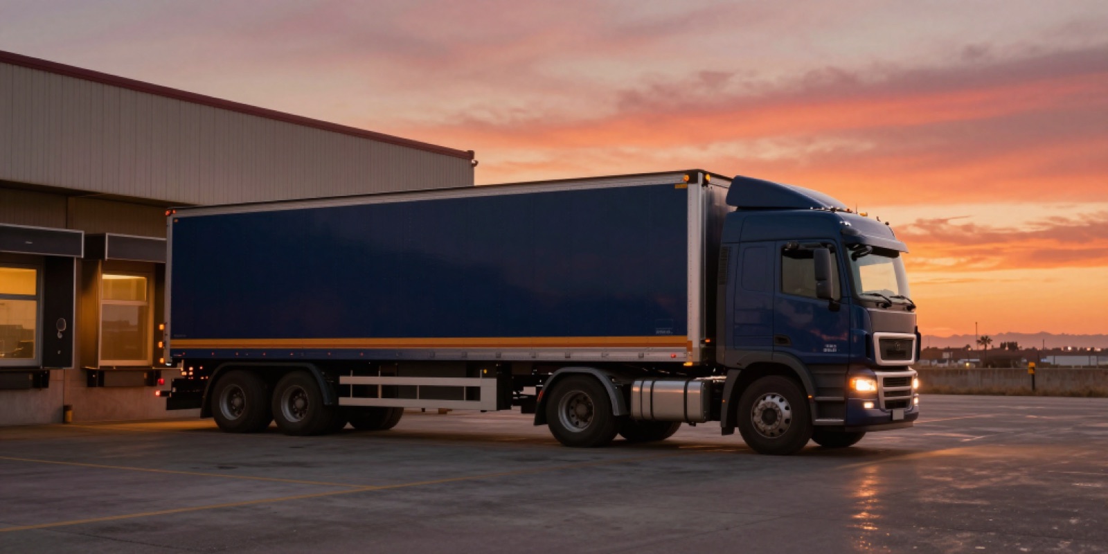 AI-generated image of a truck at a loading dock at sunset, option 1